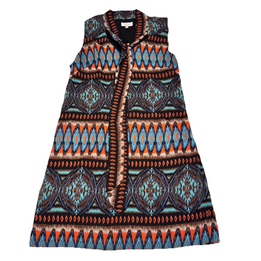 Signature by Robbie Bee Women 14 Multicolor Aztec Print Shift‎ Dress V-Neck Boho
